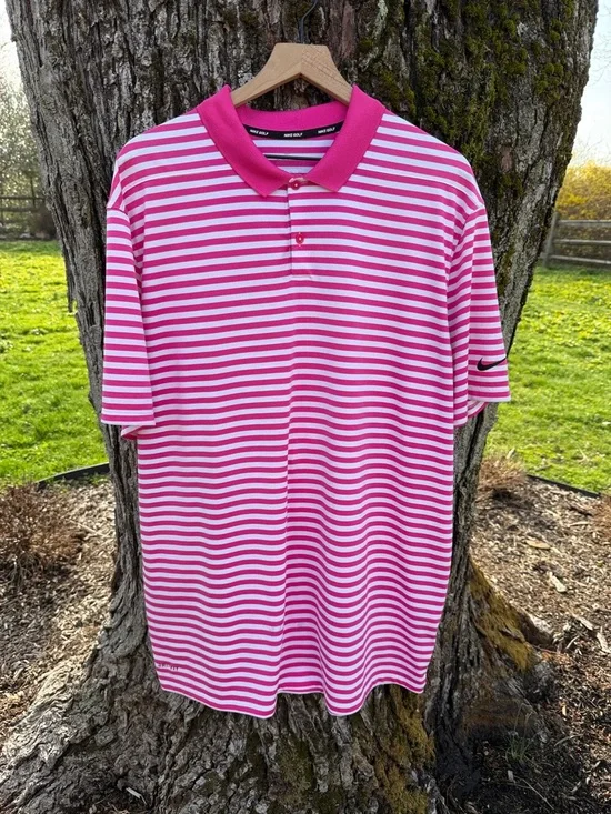 Men's Nike Golf Dri-Fit Victory Stripe Polo Pink and White Size XXL - Picture 2 of 4